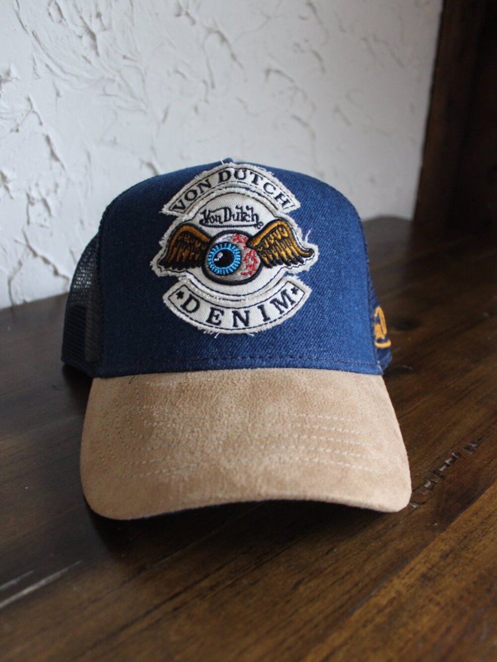 Von Dutch Denim Trucker Hat Winged Eye Faux Suede NWT